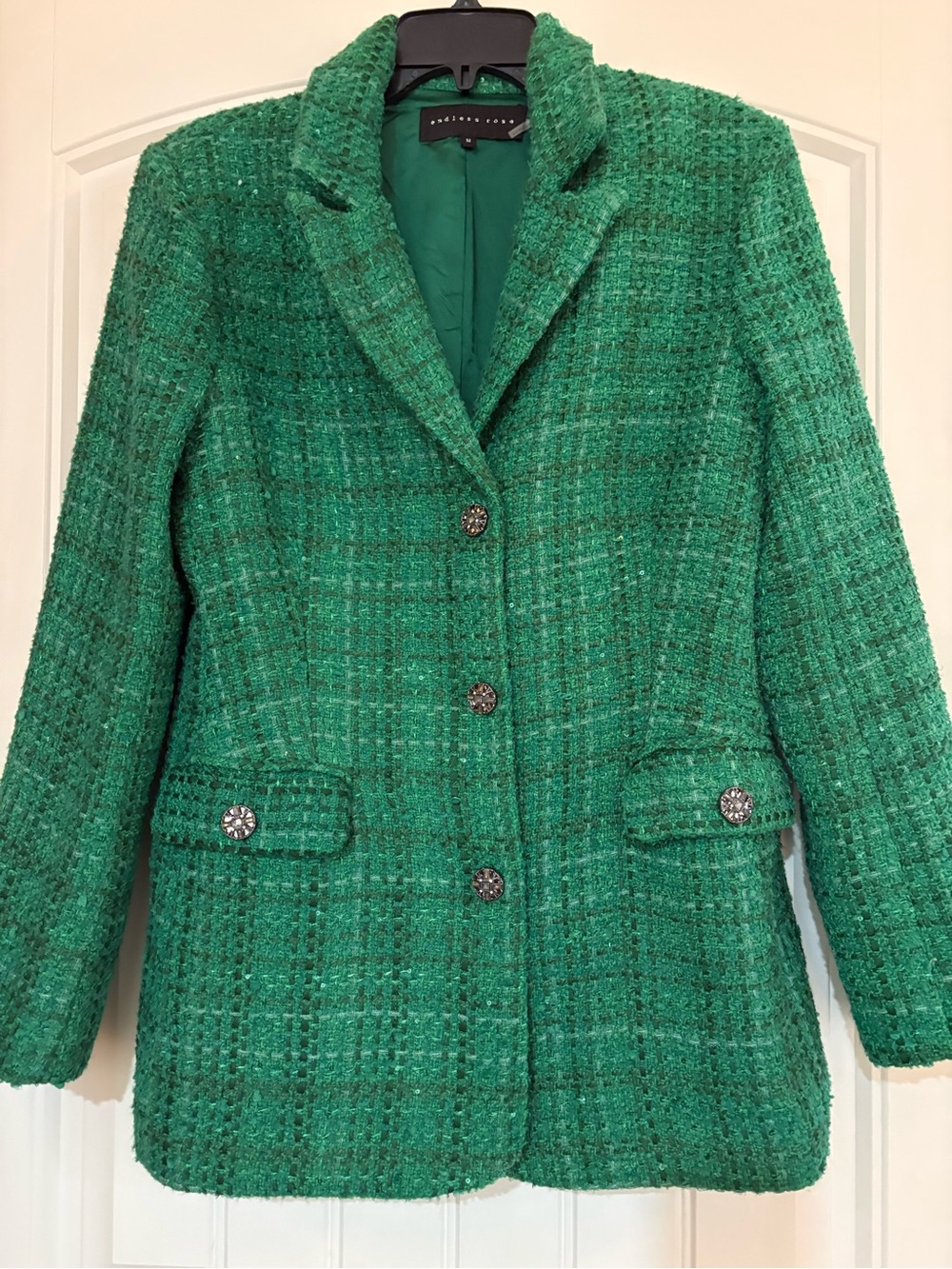 Endless Rose Emerald Green Tweed Bouclé Blazer Jeweled Buttons M